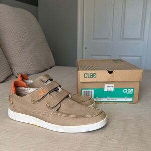 Clae Sage Canvas Velcro Sneakers in Khaki with Orange Accent